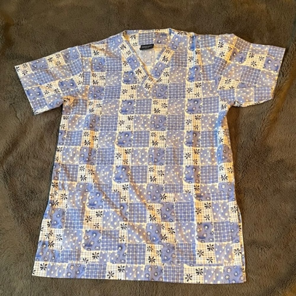 2/$40 Denver Hayes Blue Floral Scrub Top Ladies XS Nurse Uniform Nursing Wear